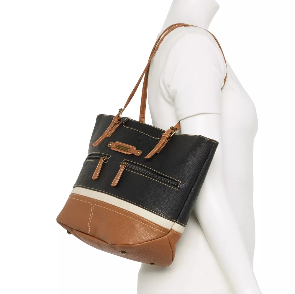 NWT STONE MOUNTAIN NANCY LEATHER BLACK-TAN- BONE CROSSBODY HOBO HANDBAG